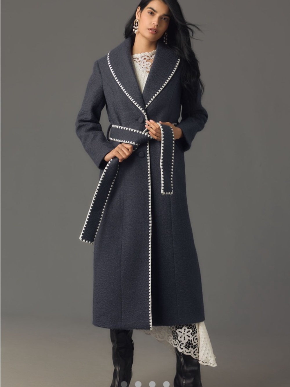 Anthropologie Navy Coat with White Scalloped Trim